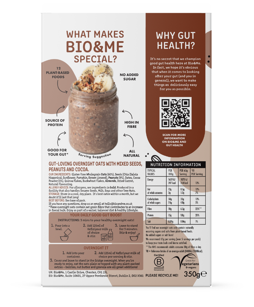 Bio&Me product packaging with nutritional information and ingredients listed.